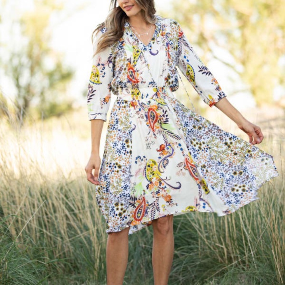 Fig & Flower Anthropologie Asymmetrical Hem 3/4 Sleeve Floral Dress Size L